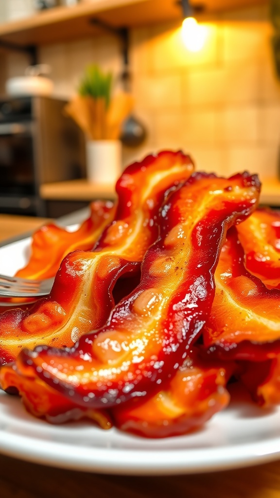 A plate of crispy bacon strips, glistening and arranged neatly, with a rustic kitchen backdrop.